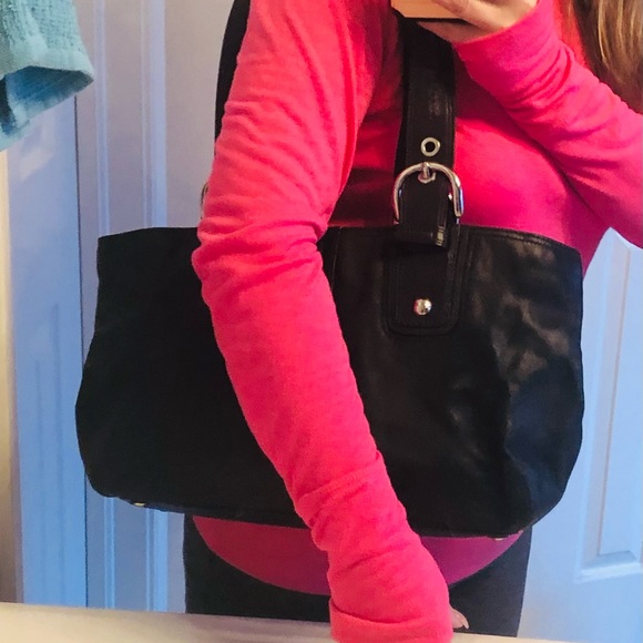 Black leather Coach purse with gray interior.  Excellent condition - Picture 9 of 12